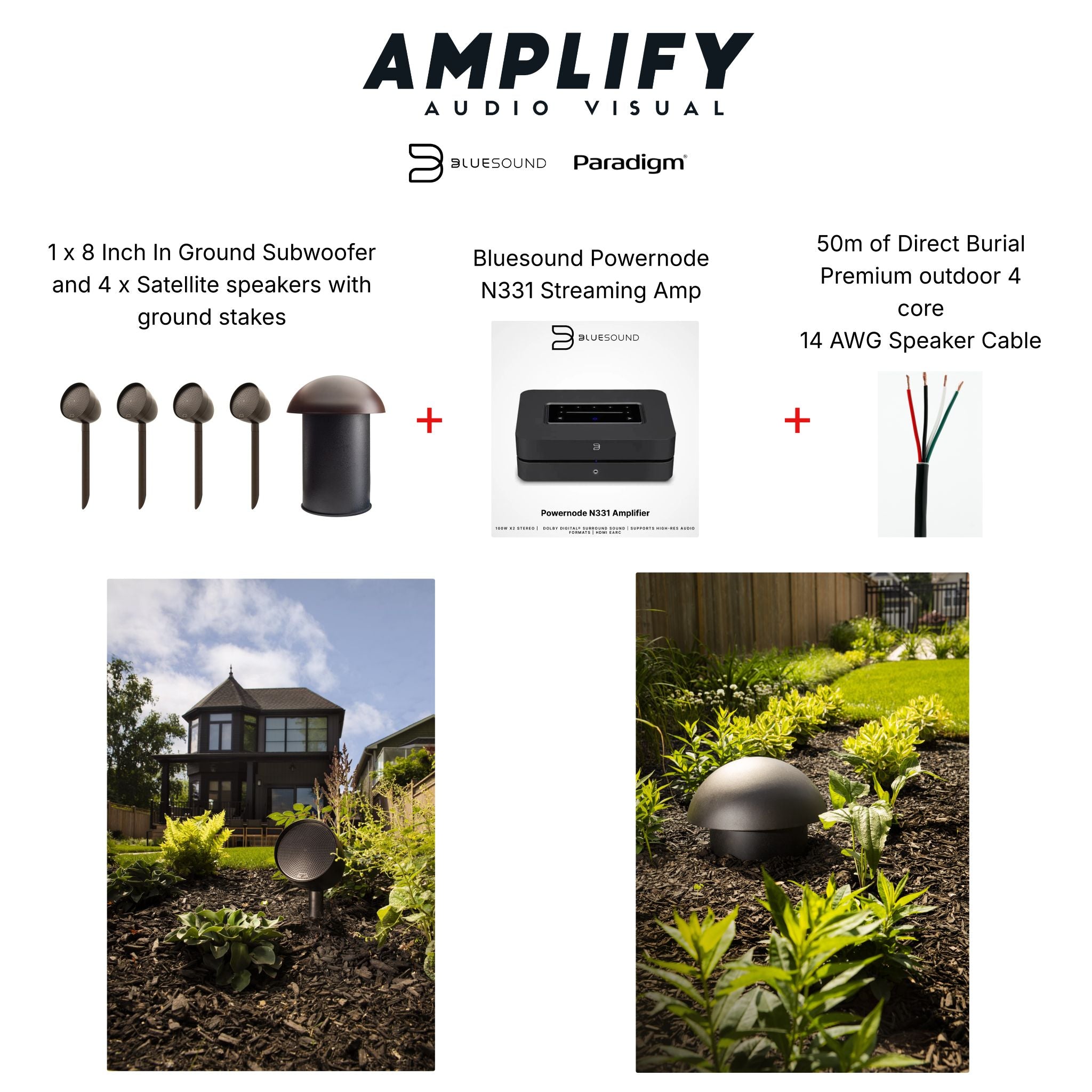 Paradigm Essentials Outdoor Landscape Speaker + Bluesound Powernode N331 Streaming Amp Complete Music System Bundle