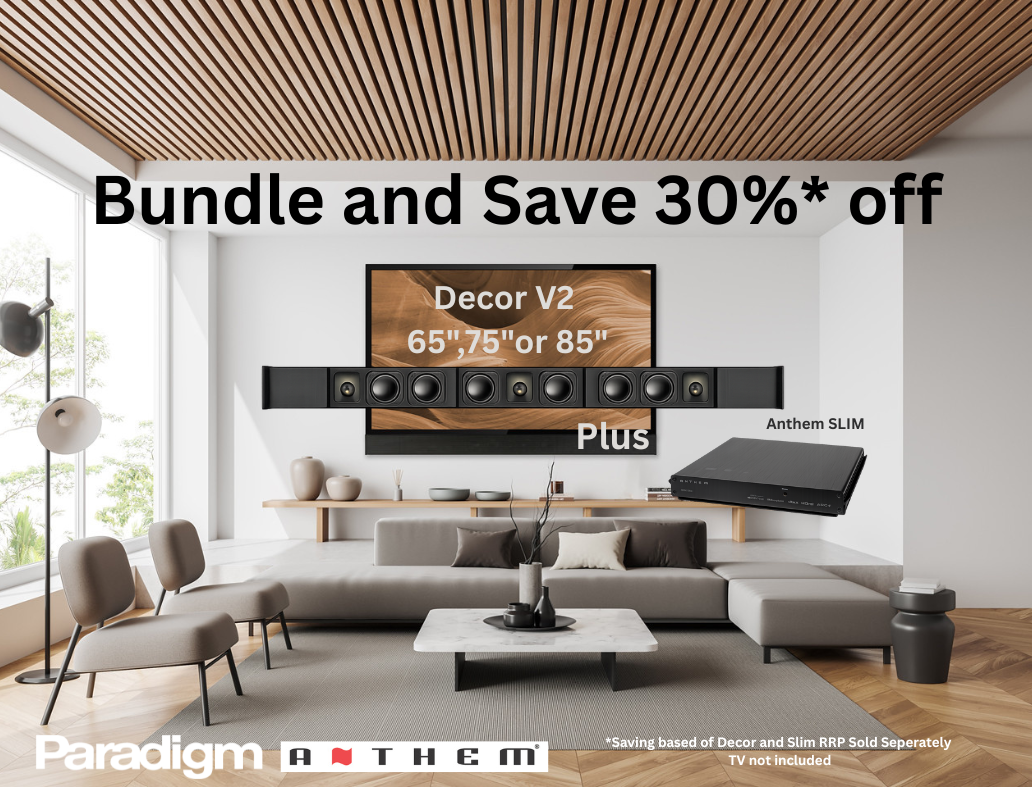 Paradigm Decor 3 Channel Soundbar and Anthem MRX bundle to suit 65" 75"or 85" TV Size