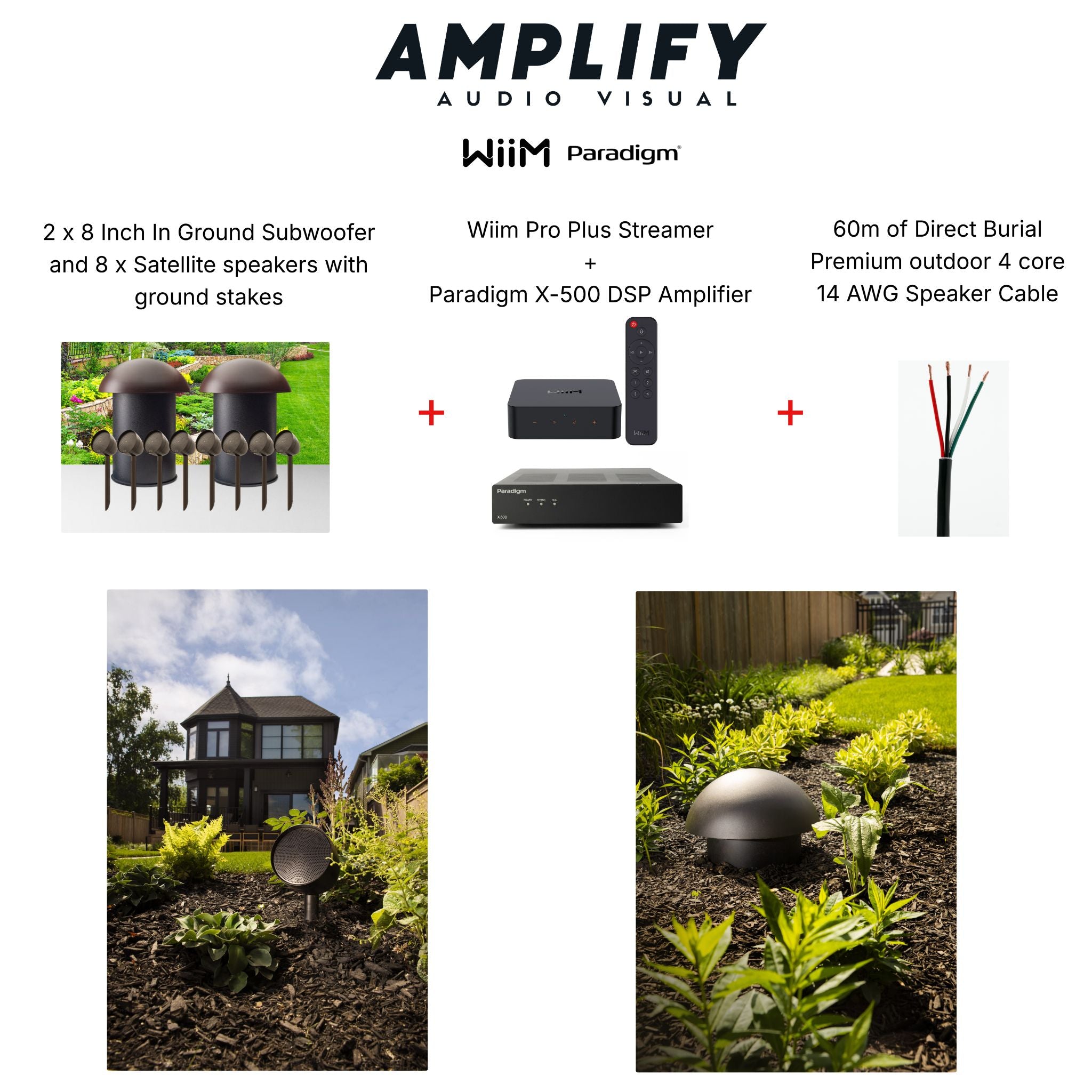 Paradigm Essentials 8.2 Outdoor Landscape Speaker + Amp and Wiim Streamer Complete Music System Bundle