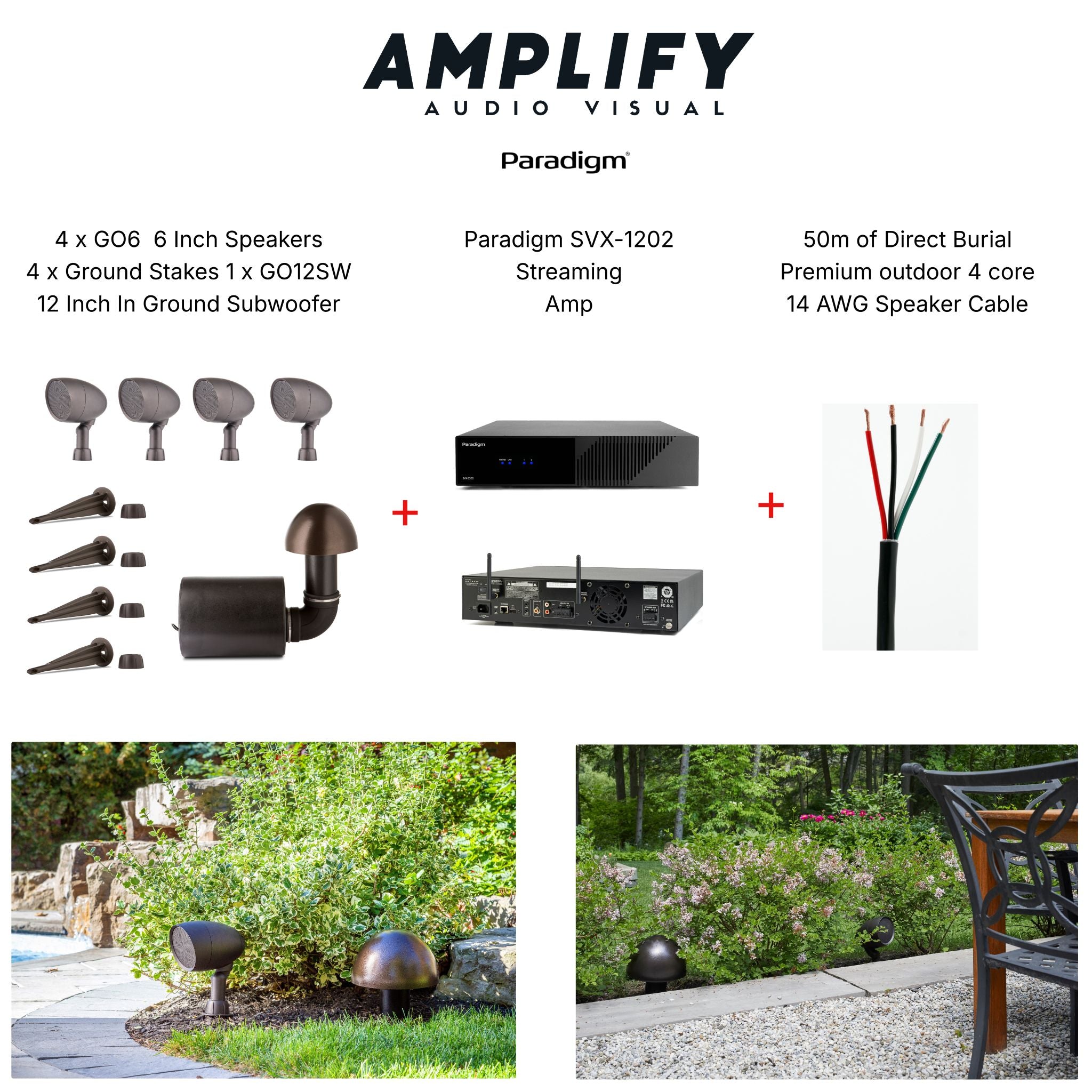 Paradigm Garden Oasis 4.1 Outdoor Landscape Speaker 6" Speakers & 12" Sub + Streaming Amp Complete Music System Bundle